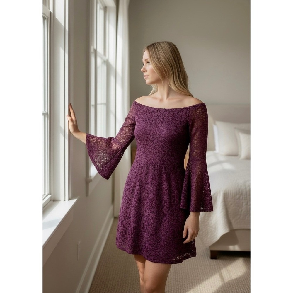 As U Wish Floral Lace Bell Sleeve Mini Dress Womens Sz S Burgundy Whimsigoth NWT